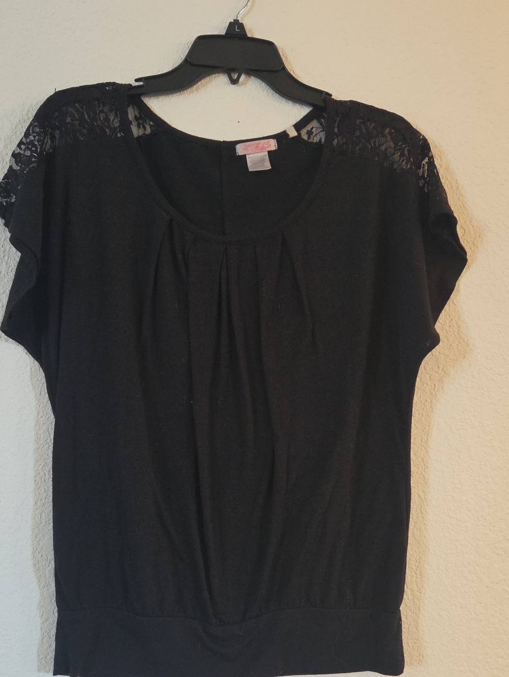 Halo Black Short Sleeve Top with Lace Shoulder Insets
